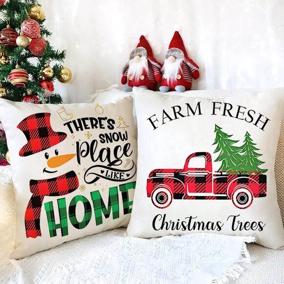 Christmas‎ Pillow Covers 18x18 Set of 4 Decorations Farmhouse Gnome Snowman - Picture 2 of 6